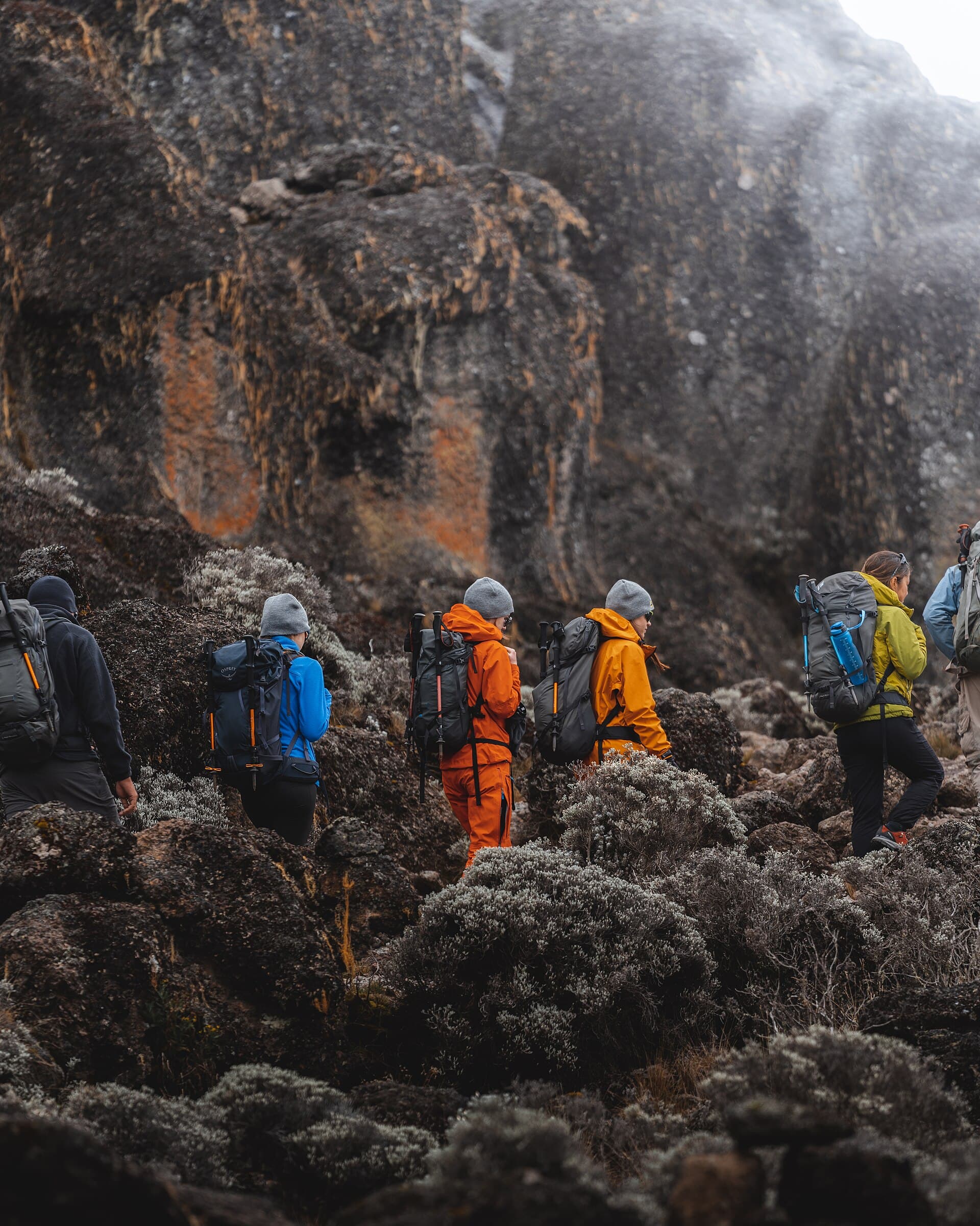Trekkers crossing dark volcanic terrain in Kilimanjaro's Barranco Valley